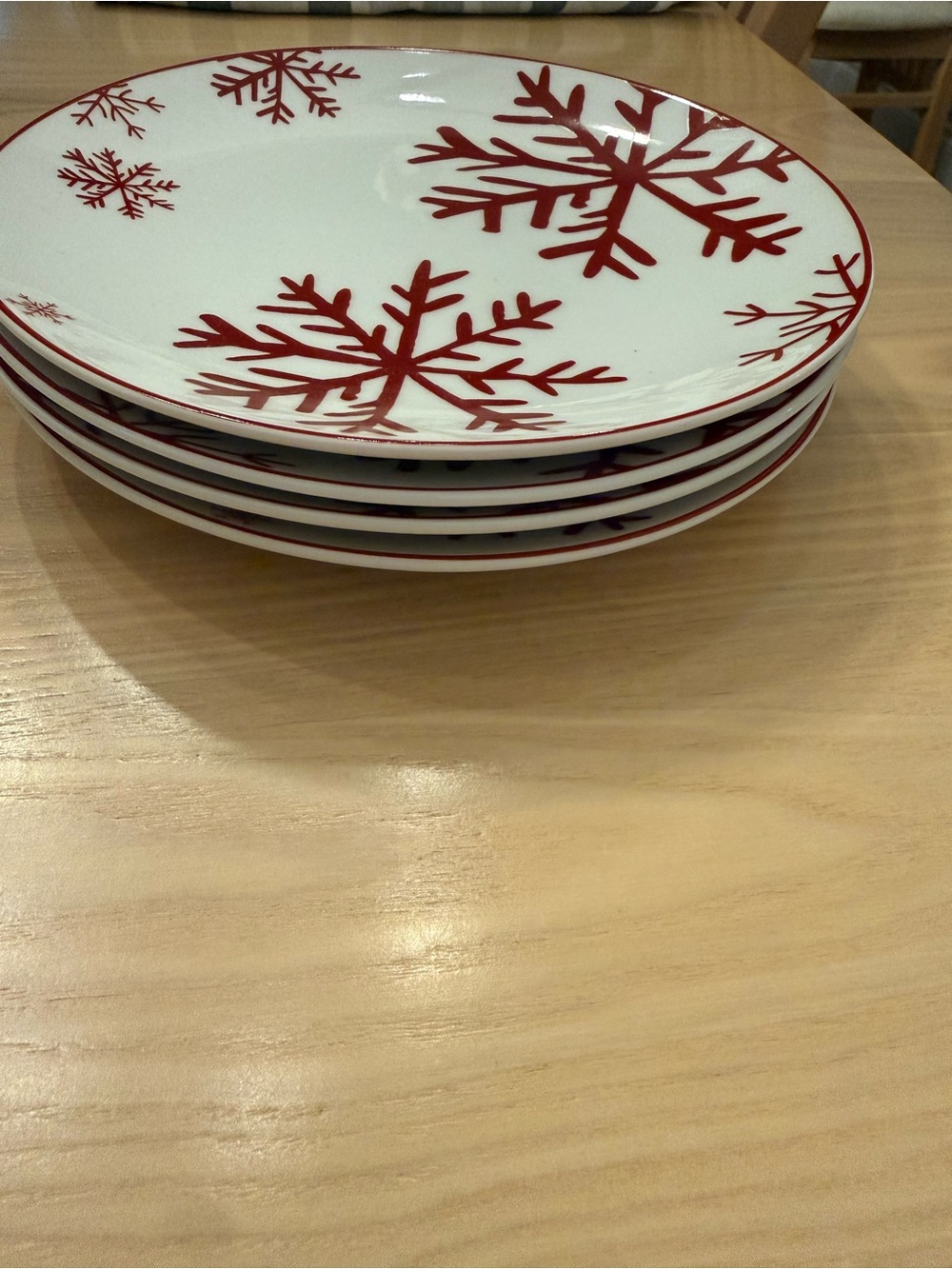 Red Snowflake Ceramic Dinner Plates and bowls 4 and 4 total Holiday Dinnerware